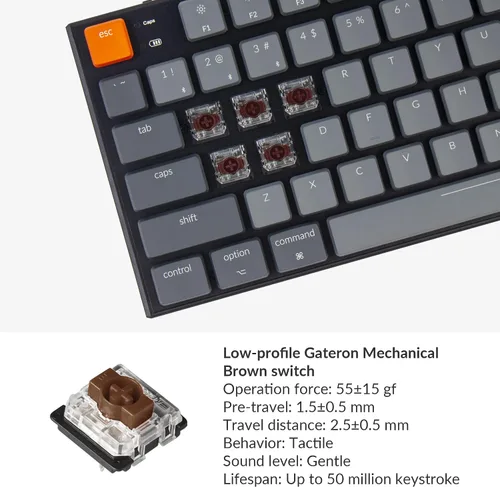 Vista 2 de Keychron Teclado mecánico con cable Bluetooth inalámbrico y USB con diseño sin llave de 87 teclas con interruptor marrón Gateron de perfil bajo