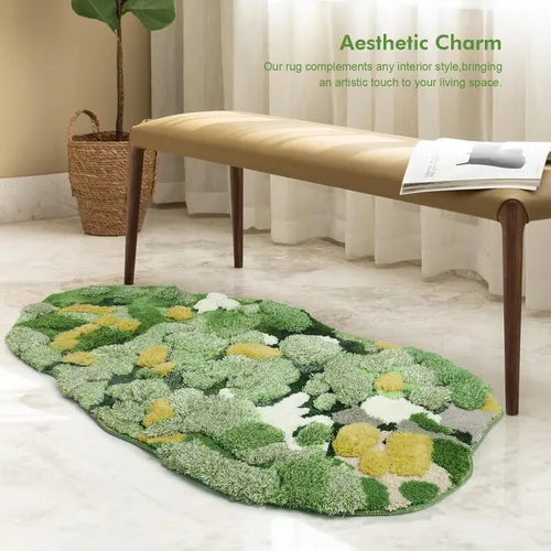 Vista 3 de Alfombras de baño de musgo verde, antideslizantes, para decoración de baño, alfombra de felpa suave lavable a máquina, montañas abstractas, río