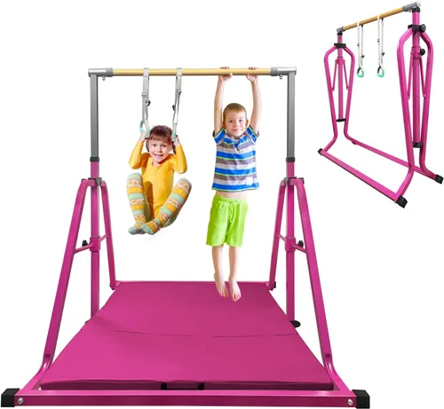 Vista 10 de GLANT Barra de gimnasia para niños con juego de anillos, 7 alturas ajustables, fácil de plegar, barra de entrenamiento de gimnasia para niños