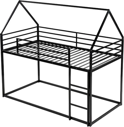 Vista 7 de Litera de casa individual sobre cama individual con escalera convertible integrada, diseño de casa de juegos de dormitorio, marco de cama de metal