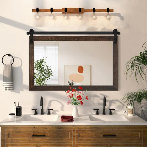 Vista 51 de COGOOD Espejo de puerta de granero de granja, 25 x 18 pulgadas, espejo decrativo con marco de madera rústica para baño, sala de estar, decoración
