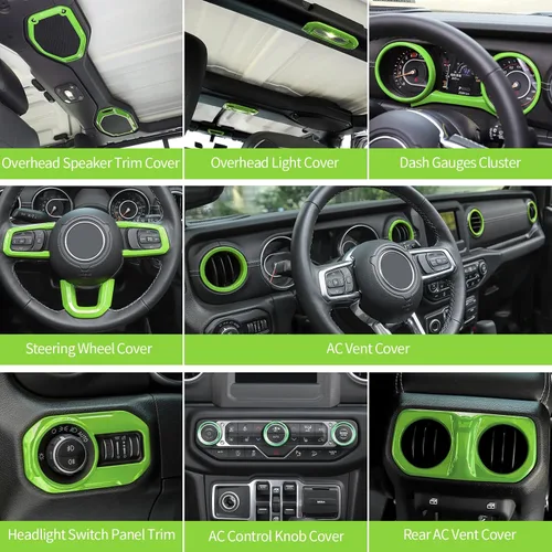 Vista 6 de RT-TCZ Kit de cubierta interior verde para Jeep JL JLU 2018-2023 Anillos de ajuste de ventilación de CA Accesorios interiores verdes 20 piezas