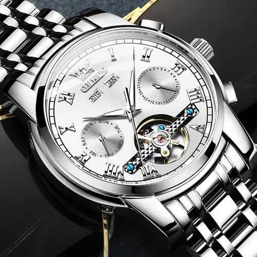 Vista 3 de OLEVS Relojes automáticos de cuerda automática para hombre, fecha y día, calendario, relojes de acero inoxidable, movimiento esquelético