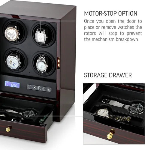Vista 6 de Enrollador de 4 relojes con retroiluminación LED, 2 relojes y cajón de almacenamiento de joyas, pantalla LCD y control remoto