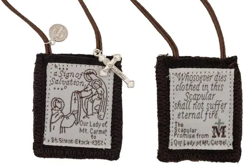 Vista 4 de Venerare Figura Santa Católica Escapulario 100% lana Viene con papeles de inscripción (marrón tradicional)