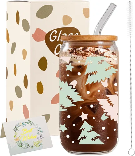 Vista 12 de JEKUGOT Vasos de Navidad para mujeres, vasos de vidrio de 16 onzas con tapa Estilo A