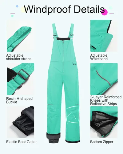 Vista 5 de CREATMO US Baberos de nieve para niñas, pantalones de esquí impermeables, aislados, overoles de invierno