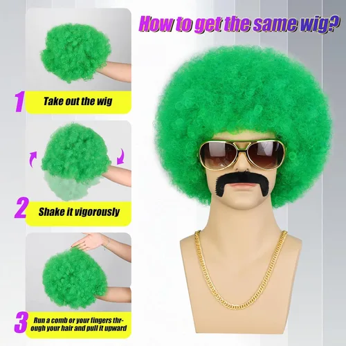 Vista 7 de Peluca de cabello sintético corto y rizado para hombre, para disfraz de Halloween, cosplay Verde