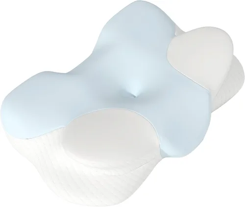 Vista 2 de Cervical Memory Foam Pillow, Ergonomic Contour Support for Neck Pain Relief Blue and White