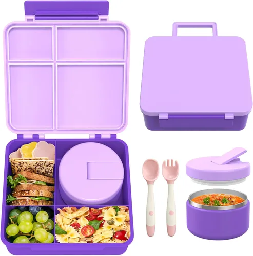 Vista 8 de Lonchera Bento con termo de sopa de 8 onzas, recipientes de almuerzo a prueba de fugas con 4 compartimentos, tarro térmico para comida caliente