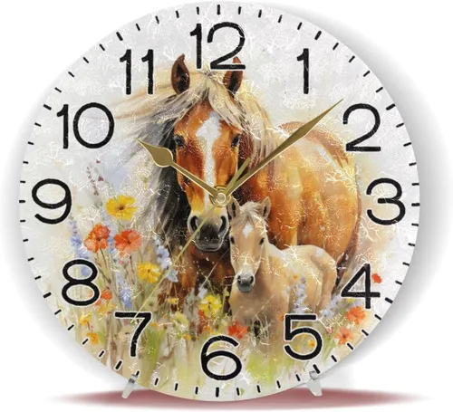 Vista 6 de Reloj de pared con diseño de flores de caballos, funciona con pilas, sin tictac, de cuarzo, analógico, rústico, rústico, reloj redondo, decoración
