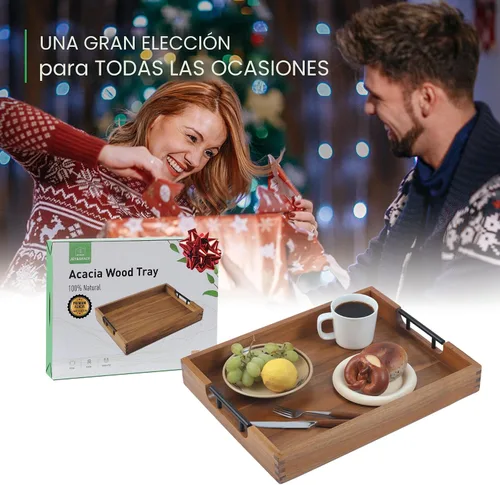 Vista 7 de Joy&Grace Bandeja otomana para sala de estar, bandeja grande de madera de acacia con asas para mesa de café, desayuno en la cama, cena de comida