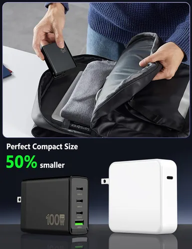 Vista 7 de Bloque de cargador USB C de 100 W, cargador rápido GaN de 4 puertos compatible con MacBook Pro, MacBook Air, Google Pixelbook, ThinkPad, Dell XPS
