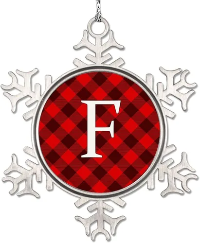 Vista 13 de Adorno de copo de nieve de letra A con inicial de copo de nieve, adorno de monograma a cuadros rojos para decoración de árbol de Navidad, adornos