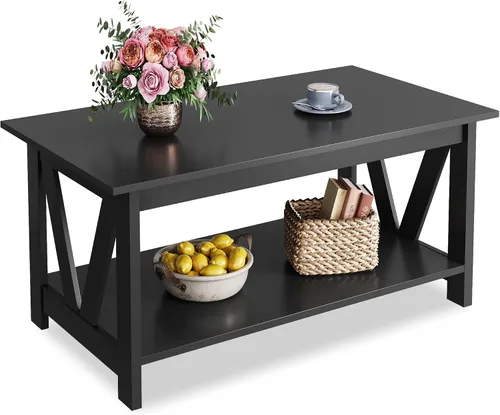 Vista 16 de WLIVE - Mesa de café con estante de almacenamiento, mesa de café granja de 39.4" con soporte en V, mesa de centro rústica de 2 niveles para sala