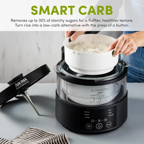 Vista 2 de Aroma Housewares Multicooker SmartCarb profesional de 8 tazas (cocidas) y vaporizador de alimentos con bloqueo de sabor para arroz y granos bajos
