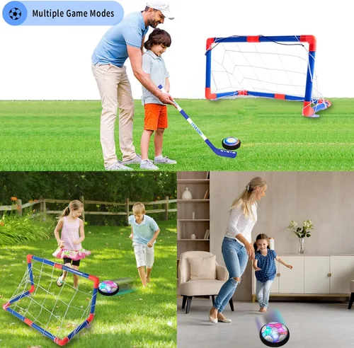 Vista 7 de Conjunto de hockey y fútbol flotante 3 en 1, juguetes de hockey y fútbol recargables con aire flotante y batería para niños con luces LED