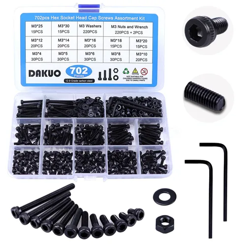 Vista 8 de Surtido de 702 tornillos métricos M3, tapa de botón hexagonal M3, tornillos de máquina M3, tornillos y tuercas surtido con llave Allen