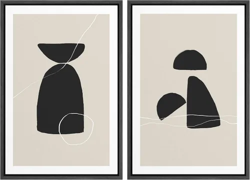 Vista 74 de SIGNWIN Lienzo enmarcado para pared, juego de arte de collage de ondas en espiral de mediados de siglo, formas abstractas, acogedor, neutro