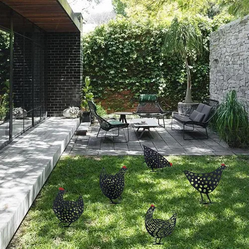 Vista 5 de AOZITA 5 piezas de 13 pulgadas de metal para patio de pollo para jardín, estaca decorativa hueca de animales de gallo, estatua de silueta, camino