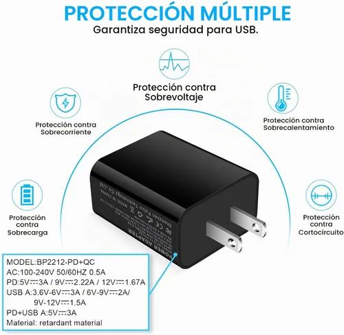 Vista 6 de Bloque de cargador USB C, cargador de pared PD de doble puerto de 20 W para Negro