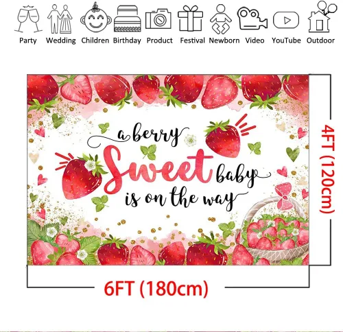 Vista 5 de Mocsicka Telón de fondo de fiesta de baby shower de fresa, 6 x 4 pies, decoración de fiesta de baby shower, con texto en inglés "A Berry Sweet Baby