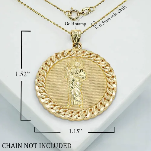 Vista 2 de Collar y colgante de oro amarillo macizo de 10 quilates con eslabones cubanos de San Judas con marco redondo