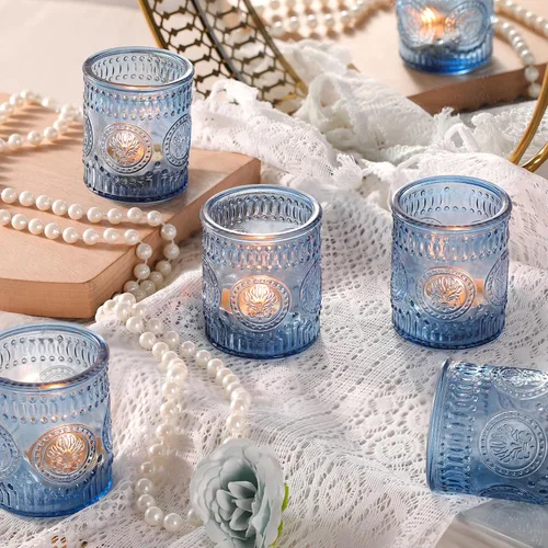 Vista 4 de MATAHUM 36 Piezas de Portavelas Votivos Azules, Portavelas de Cristal para Luz de Té para Centro de Mesa de Boda, Centro de Mesa, Decoraciones