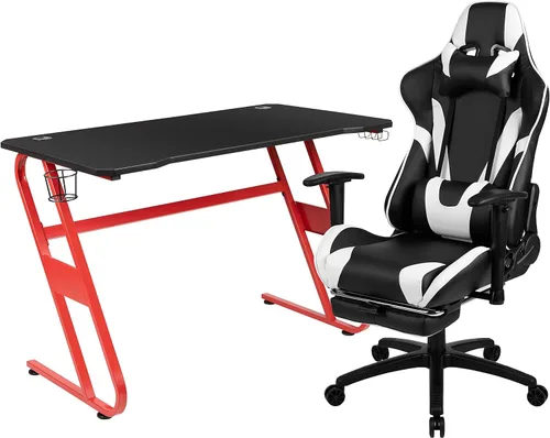 Vista 86 de Flash Furniture Juego de escritorio para juegos negro y silla de carreras blanco/negro con soporte para tazas, gancho para auriculares y soporte