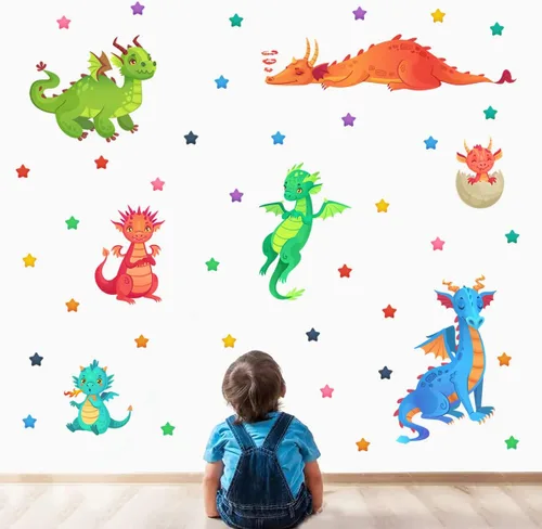 Vista 8 de Calcomanías creativas de pared de dragón de hadas, dibujos animados, alas grandes, dragones, huevos, estrellas, calcomanías de pared fáciles