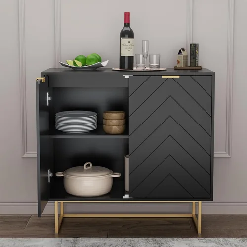 Vista 4 de Aparador moderno de 31 pulgadas con almacenamiento para sala de estar, negro y dorado