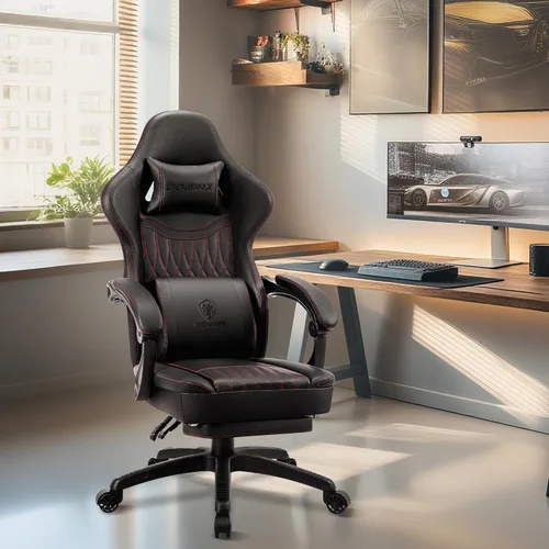 Vista 2 de Dowinx Silla de Juegos de Cuero PU Transpirable para Jugadores con Reposapiés, Soporte Lumbar de Masaje, Silla de Computadora Reclinable Ergonómica