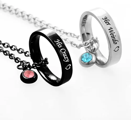 Vista 3 de MJartoria collares a juego para parejas para él y ella dijes de anillo grabados con diamantes de imitación regalo para novio y novia
