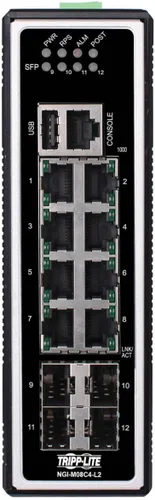 Vista 23 de Tripp Lite Conmutador Ethernet Gigabit PoE+ administrado industrial de 8 puertos de capa 2, puertos RJ45 de 10/100/1000 Mbps, montaje DIN