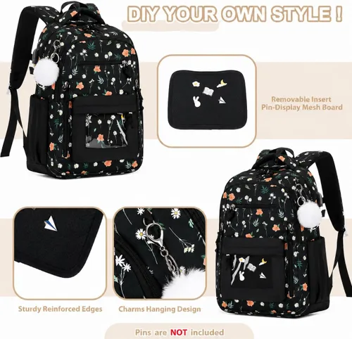Vista 3 de 4PCS Girls Backpack Pin Display Ita Bag with Lunch Box B-negro Bloom