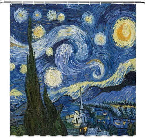 Vista 2 de Cortina de ducha pequeña, noche estrellada, pintura al óleo azul, arte abstracto, cielo azul, nube, estrella, luna, paisaje, RV, baño, decoración