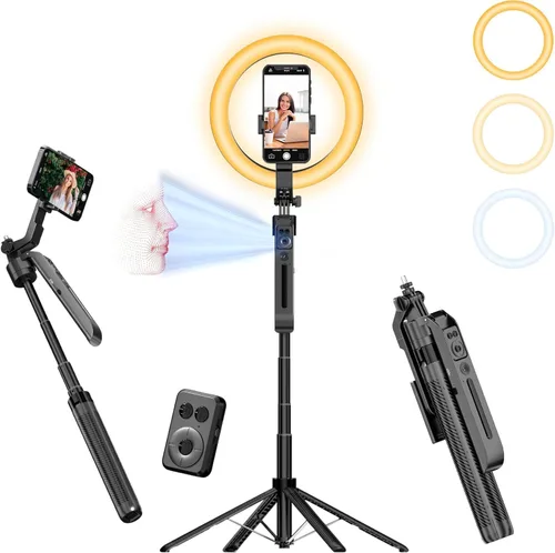 Vista 8 de Trípode para selfie stick de seguimiento automático de cara para iPhone con luz, soporte de trípode para cámara de teléfono de 70.9 pulgadas