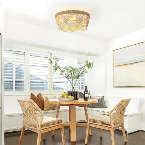 Vista 3 de Ventiladores de techo con luces de montaje empotrado, de 20 pulgadas, con lámpara de madera estilo Bohemia con cuentas, control remoto y aplicación