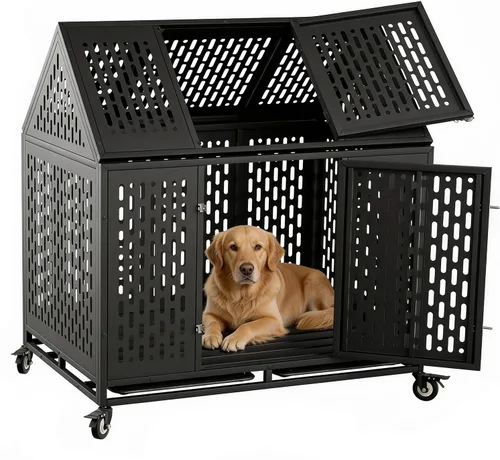 Vista 9 de Jaula para perros indestructible de 44 pulgadas con ruedas, jaula de acero a prueba de escapes para interiores, doble puerta, alta ansiedad