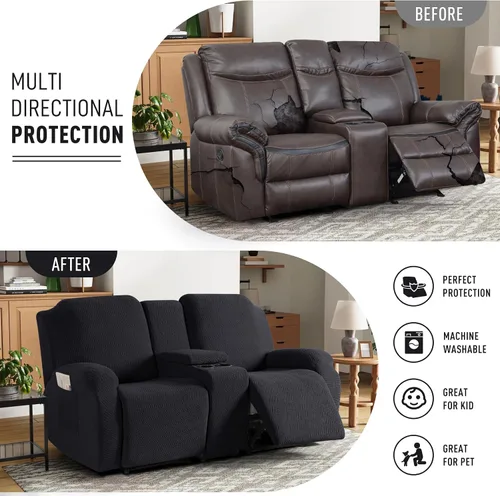 Vista 3 de KinCam Fundas para Sillón Reclinable de Dos Plazas con Funda para Consola Central, Fundas para Sofá Reclinable de 2 Asientos, Funda para Sofá