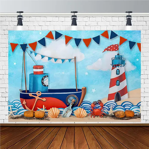 Vista 4 de Fondos de fotografía náutica de verano para tartas marineras, veleros, faros, decoración de cumpleaños, para niños, recién nacidos, primer
