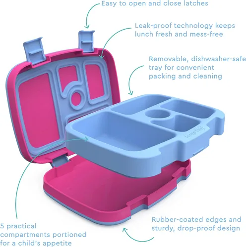 Vista 2 de Bentgo® Kids Prints - Lonchera infantil de 5 compartimentos estilo Bento, con utensilios de plástico reutilizables (arcoíris y mariposas)