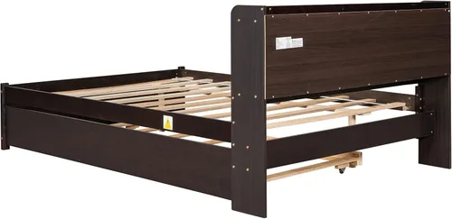 Vista 8 de Polibi Cama de plataforma de tamaño matrimonial con nido individual y estantería, cama de plataforma de almacenamiento de madera con cabecera