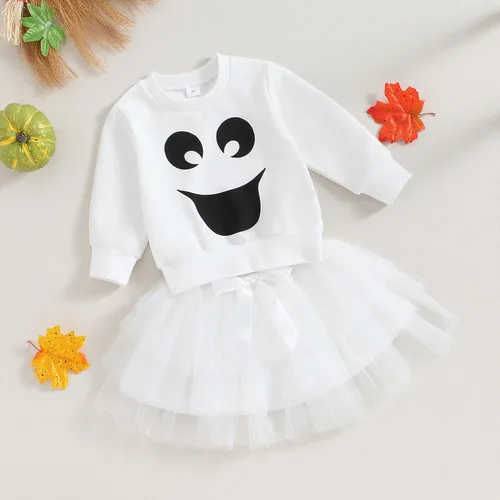 Vista 3 de Falda de Halloween para niña pequeña, disfraz de fantasma para bebé, sudadera con estampado de cara con falda tutú, disfraces de otoño