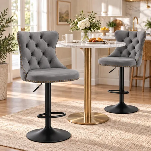 Vista 13 de Taburete de bar moderno giratorio de altura de pub, silla de comedor alta con asiento de terciopelo, respaldo, taburete hidráulico sin brazos Negro