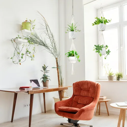 Vista 2 de Belit Paquete de 2 perchas dobles de macramé para plantas, cesta colgante de 2 niveles, cesta decorativa para macetas, cuerda para decoración