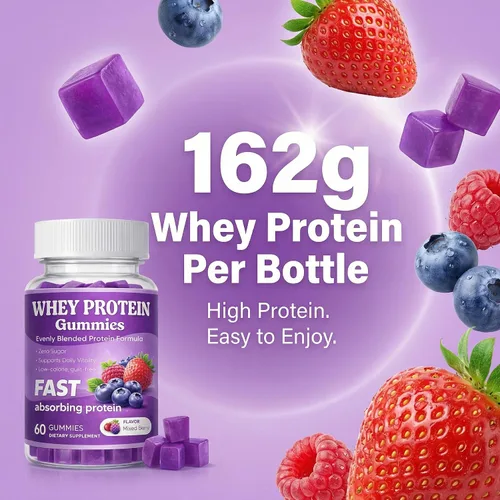Vista 2 de Gomitas de proteína de suero de leche, sabor a bayas mixtas, 5.71 oz de proteína de absorción rápida por botella, sin azúcar, bajas en calorías