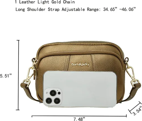 Vista 3 de DORIS&JACKY Bolso cruzado de cuero para mujer, pequeño, suave, con triple cremallera, con correa ajustable