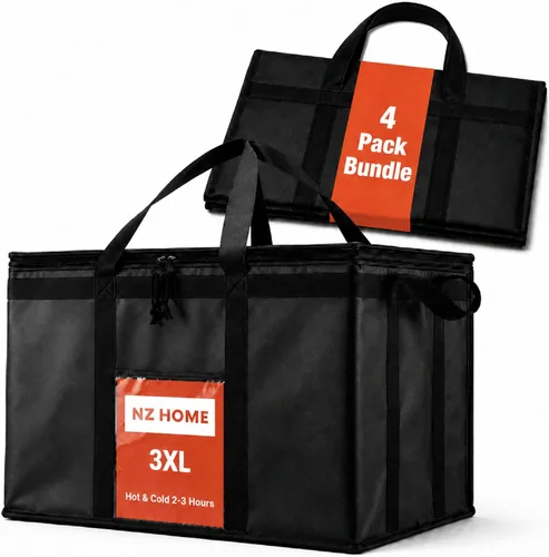 Vista 22 de Bolsa térmica XXL aislada y calentador de alimentos para entrega y compras de comestibles con parte superior con cremallera, color negro