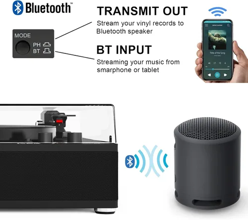 Vista 3 de Reproductor de discos de vinilo con transmisor inalámbrico de entrada/salida Bluetooth, placa de tamaño completo, tocadiscos de 3 velocidades